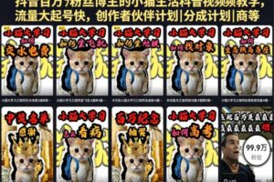 抖音百万粉丝博主的小猫生活科普视频教学，流量大起号快，创作者伙伴计划|分成计划|商单|收徒等